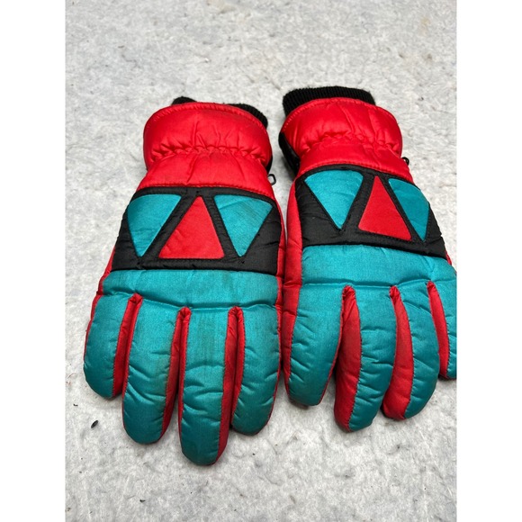 Vintage Colorblock Ski Gloves Red Teal Geometric 80s 90s Winter Snow  Adult S - Picture 4 of 5
